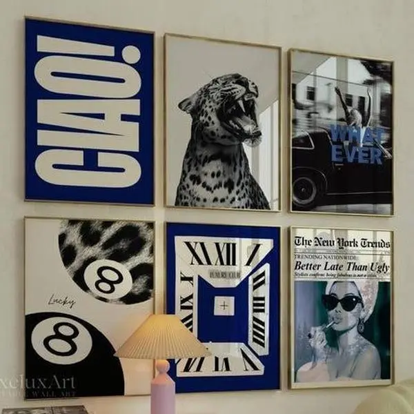 Retro Black and Navy Blue Gallery Wall Art, Set of 6 Aesthetic Chic Apartment Decor, Trendy Fashion Collage Print, Stylish Y2K Wall Art
