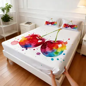 3Pcs Watercolor Splash Rainbow Fruit Fitted Sheet Set, Summer Vibrant Art Design, Non-slip Fit Skin-friendly Breathable, Ideal for National Fruit Month Bedroom Renovation