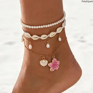 4Pcs Boho Beach Anklet Set for Women, Shell Pearl Flower Gold Layered Ankle Bracelets, Summer Vacation Pool Party Foot Jewelry Gift summervibes