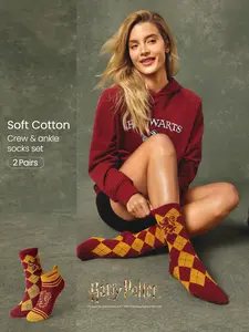 GLOWMODE X Harry Potter 2-Pack Soft Comfy Jacquard Embroidered Anti-Chafing Cotton Blend Crew Socks & Ankle Socks Set Daily Casual