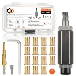 Rivet Nut Installation Tool Set Flat  Rivnut Threaded Insert Nut Kit SAE & Metric for Metal Heavy Duty Zinc Plated Nutsert (3/8-16(Rivet Nut Tool-15pcs))