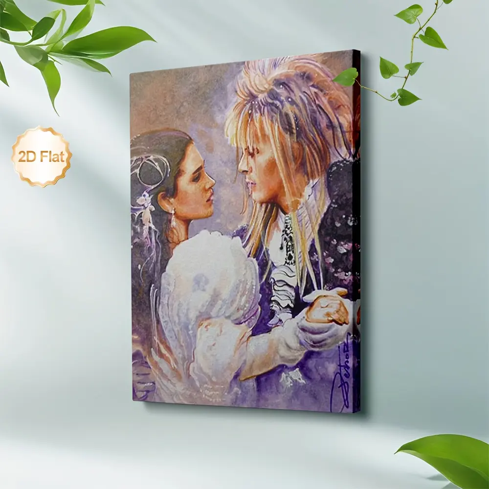 1pc Framed Canvas Print - Labyrinth Movie Scene with Goblin King & Princess, 2D Flat Vintage Fantasy Purple-Blue Tones Wall Art, Ready-to-Hang Indoor Decor for Living Room, Ideal Gift for Labyrinth Fans