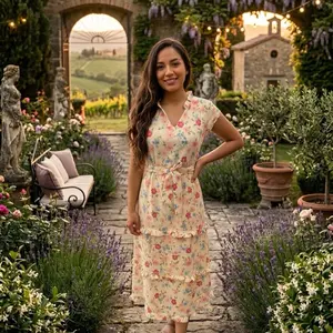 Floral Dress with V-Neck, Short Sleeves, and Tiered Design for Summer