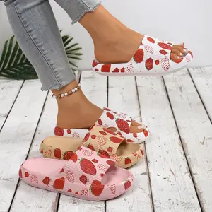 Women's Fashion Slippers - 1-Strap Strawberry Print Slide Footwear with Soft Cloud-Like Thick Platform Cushion Soles, Ideal for Home Lounging and Strawberry Music Festival Attendance