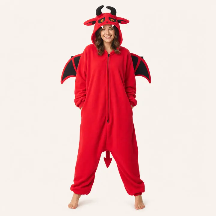 Long-Sleeve Red Devil Hoodie Kigurumi Onesie Costume - Comfortable Sleepwear & Loungewear