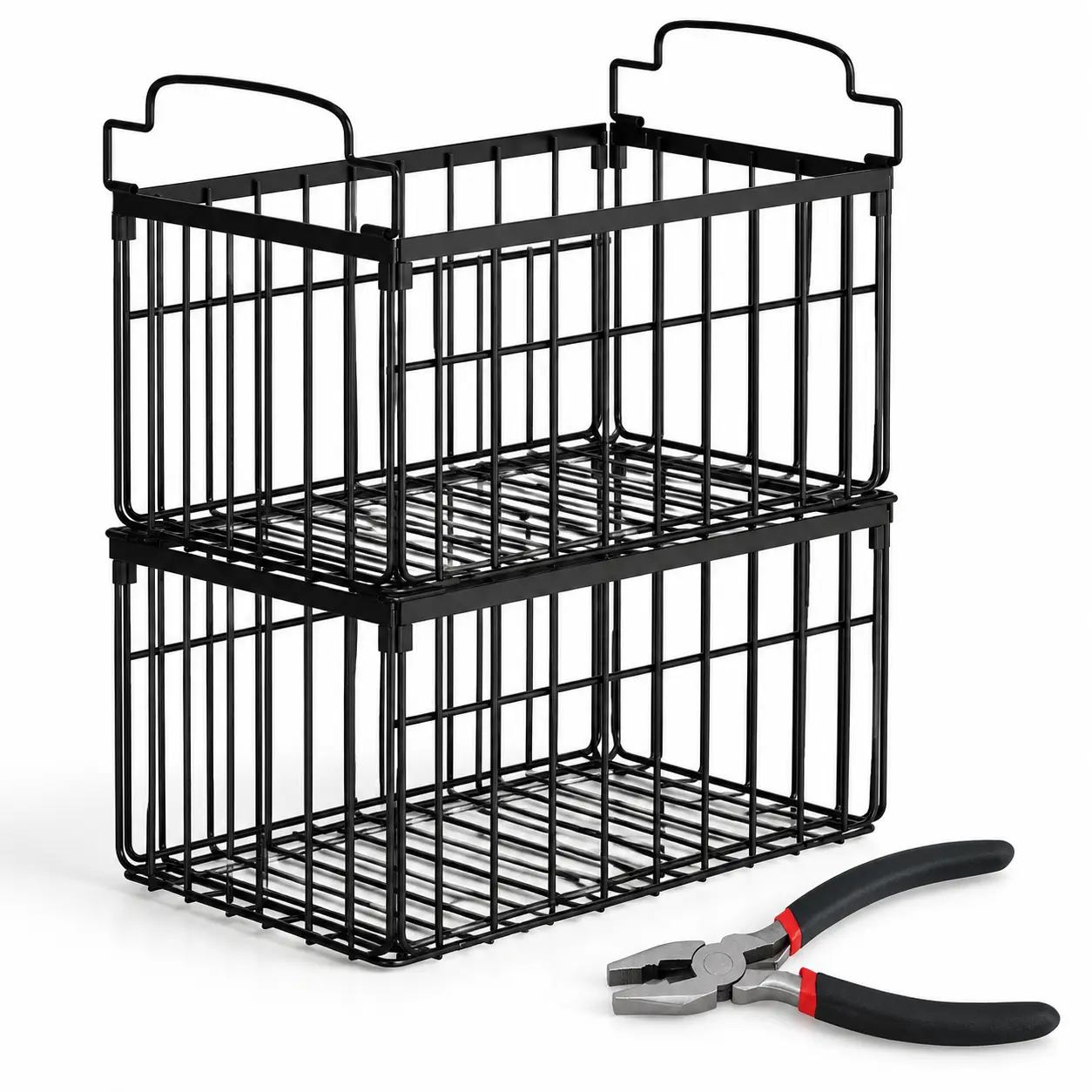 2-Pack Stackable Wire Freezer Organizer Baskets, Black Metal Folding Storage Bins with Handles, Includes Wire Cutting Pliers Gift