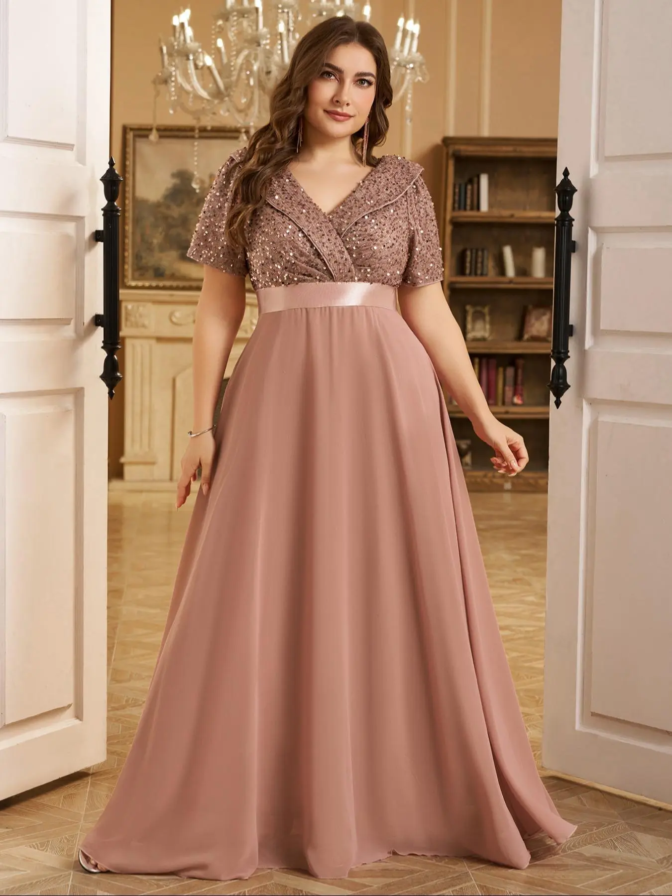 [Plus Size] Glitter Sequin Chiffon Evening Dress, Elegant Chic V Neck Short Sleeve Fitted Lady Evening Party Gown, Women's Clothes for Spring & Fall Womenswear