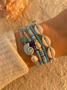 5-Piece Ocean Theme Beaded Bracelets, Cute Soft Clay Shell Seashell Charms, Beach Accessories, All Seasons Wave Print