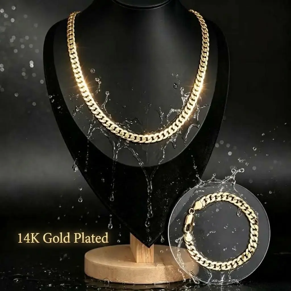 Men's 2-Piece 14K Gold-Plated Jewelry Set - 7mm Diamond-Cut Cuban Link 20"/24" Necklaces, 8" Bracelet, Italian Nano Coating, Waterproof, Tarnish-Free, Heavyweight, Hip Hop/Streetwear, Boyfriend Gift