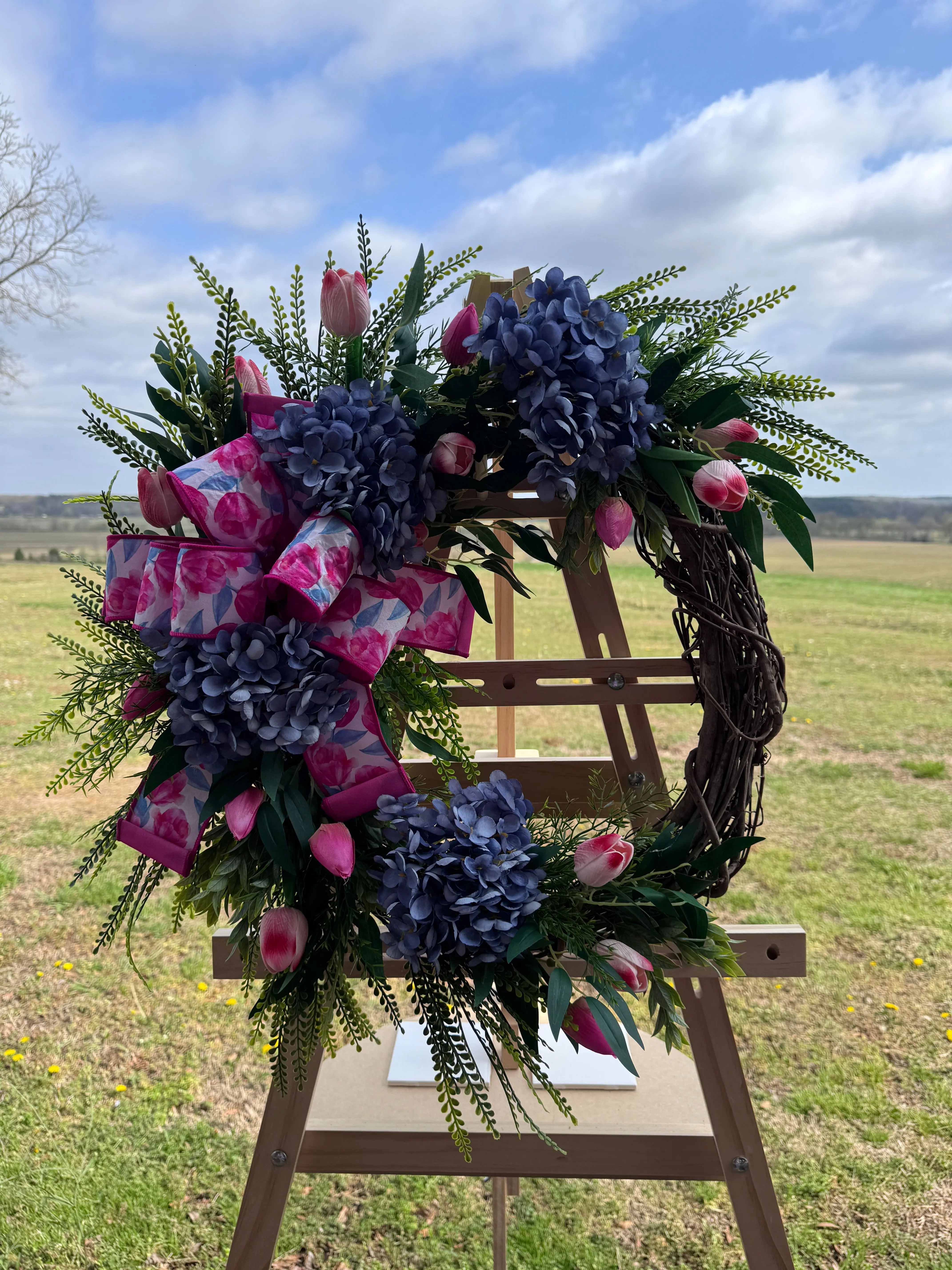 Hydrangea and Tulip Grapevine Wreath | Spring Summer Front Door Decor | Garden Inspired Floral Wreath