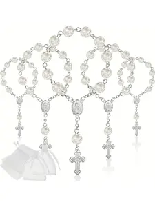 Hot Selling Winged Rose Baptism Pearl Bead Rosary Bracelet, Cross Pendant Prayer Jewelry, Elegant Handmade Accessory for Women, Trendy Jewellery Accessories