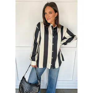 Black & White Striped Contrast Button Down Top