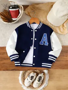 Boys' Letter A Print Baseball Jacket | Fall & Winter | Outdoor & Casual Wear | Soft Comfortable Fabric | Ideal Gift for Kids