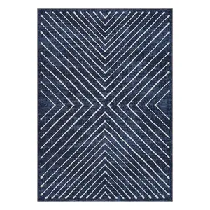 10 x 13 ft Blue Polyester Rectangular Home Decor Rug, Geometric Striped Graphic Design, Durable Indoor Floor Rug for Living Room & Bedroom
