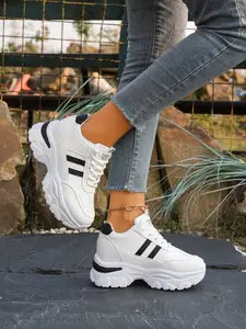 New Thick Sole Dad Sneakers for Women, Laces, Lace Up Sneakers, Versatile, Breathable, Sporty, All Seasons, PU Leather, Rubber Sole