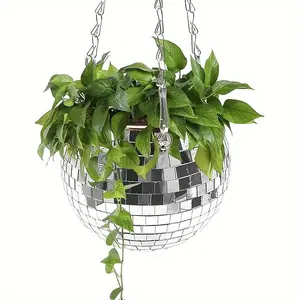 6-Inch Silvery Disco Ball Hanging Planter with Chain - Retro Mirror Plant Holder for Indoor/Outdoor Decor, Perfect for Succulents & Floral Arrangements