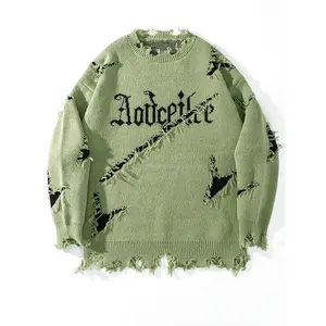 Men's Casual Street Style Sweater - Loose Drop Shoulder Design, Distressed Letter Embroidery and Torn Details, Long Sleeve Pullover Suitable for Autumn and Winter, Medium Stretch Fabric
