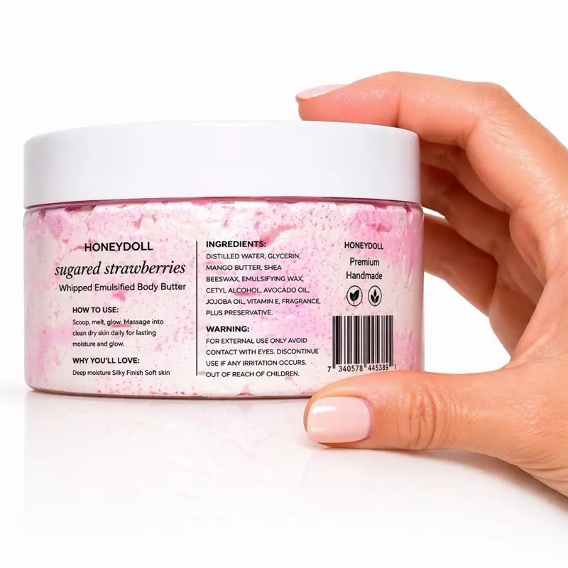 Sugared Strawberries Emulsified Body Butter with Pink Shimmer, Deeply Moisturizing for Dry Skin - Body Care whipped