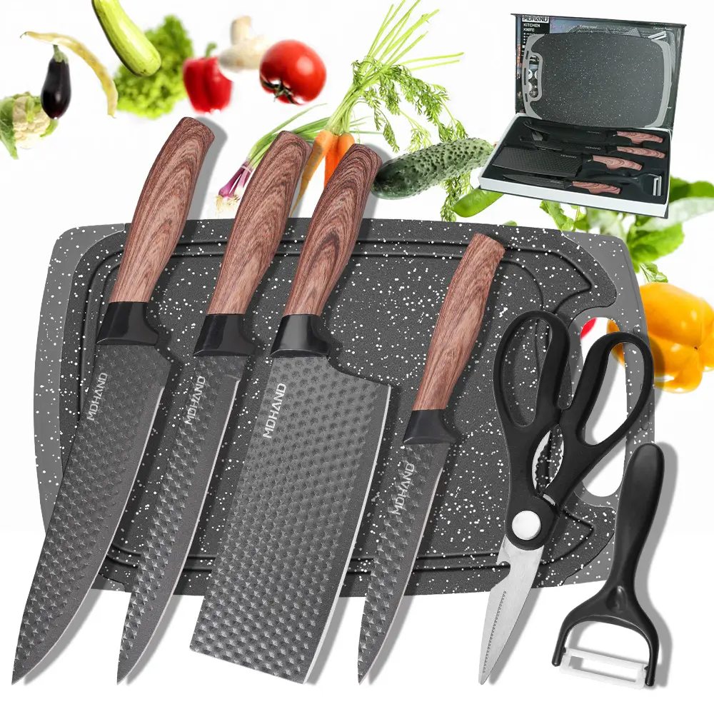 6/7 Piece Sharp Kitchen Chef Knife Set, Non-Stick Stainless Steel Cooking Meat Knives, Ergonomic Wood Handle, Multipurpose Knives & Scissors for Daily Kitchen Prep