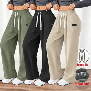 Women's corduroy drawstring wide leg casual pants High waisted loose straight tube velvet lazy style pants Multi color versatile retro corduroy drape wide leg pants