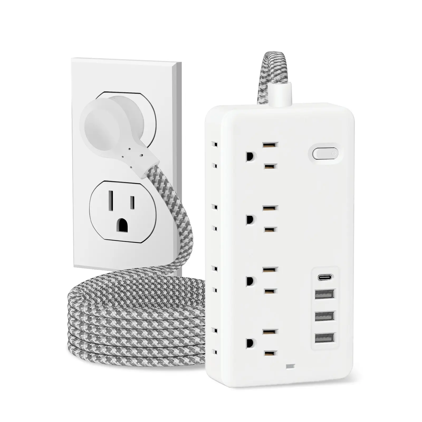 [12-in-1 Power Strip] 12-in-1 Power Strip Surge Protector | 8 AC Outlets, 4 USB Ports (including 1 Type-C), Overload Protection, Flat Plug, Multiple O