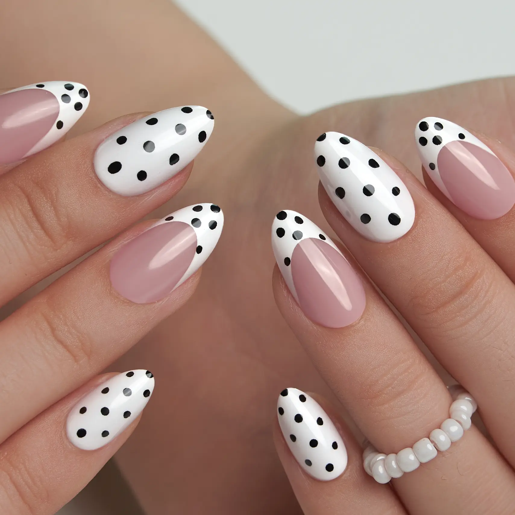 Curvlife medium almond polka dots Press On Nails black glossy shiny patterns prints Easy Apply Nail Art
