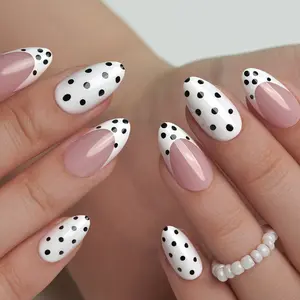Curvlife medium almond polka dots Press On Nails black glossy shiny patterns prints Easy Apply Nail Art