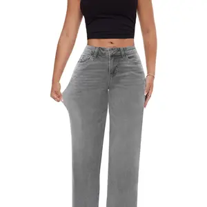 ONESO Stretchy BBL Wide-Leg Jeans for Women Washed Grey Mid-Low Rise Denim Snatched Waist Minimalist Everyday Pants Womenswear