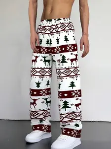 Unisex Christmas Style Long Pants, Cartoon Pattern, Fitted Casual Wear, Suitable for All Seasons, Home and Outdoor Use
