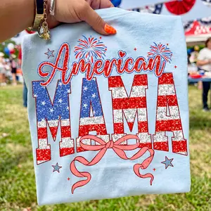 Patriotic Mama T-Shirt, Checkered Patriotic Mom Sublimation Design, Red White Blue Bows, Coquette 4th of July, America 250 Anniversary Casual Daily Wear Tee For Men & Women, Apparel Made In The USA
