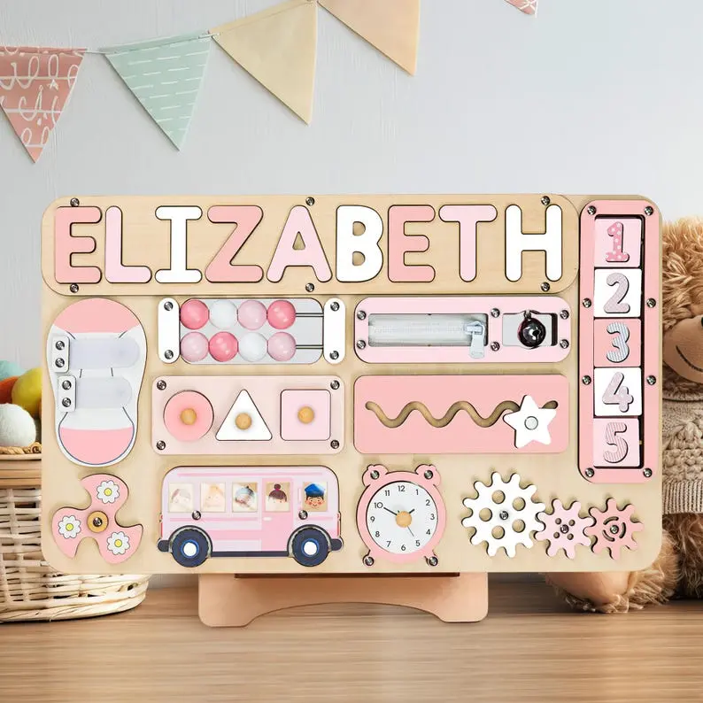 Wooden Busy Board Puzzle, Nursery Decor, First Birthday Gift, Personalized Name Puzzle Toy, Baby Girl Gift, Wood Toys(Please message us for your personalization)