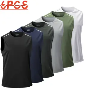6-pack summer sleeveless sports tank tops, quick-dry fabric with reflective shoulder stripes, trendy design, breathable and comfortable—essential for outdoor workouts.