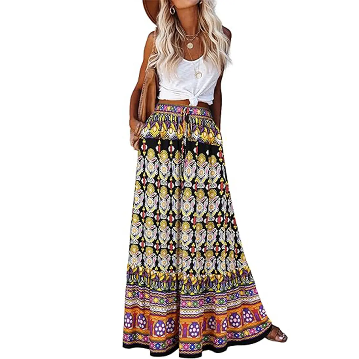 Bsubseach Maxi Skirts for Women 2026 Boho Skirt Long Flowy Skirts A Line Floral Skirt with Pockets Bohemian Trendy Summer