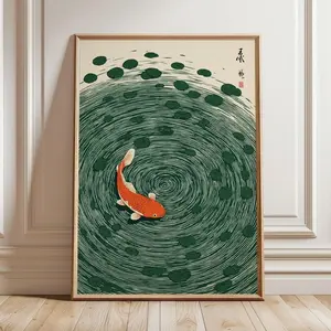 Koi Fish Wall Art, Japanese Ripple Illustration, Minimal Green & Orange Print, Zen Water Poster | Unframed N