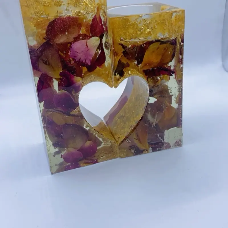 Sacred Heart Resin Candle Holder Set – Rose Petals, Gold Flakes, Self-Love Decor