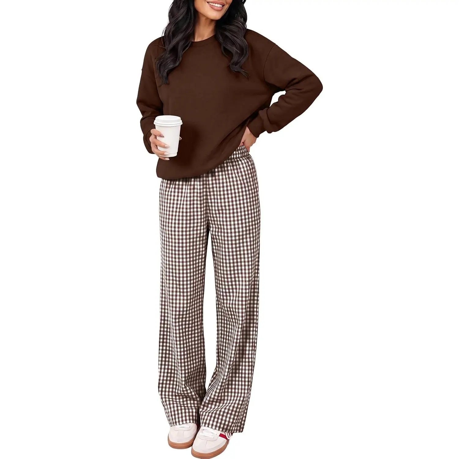ANRABESS Two Piece Sets for Women Gingham Pants Lounge Set | Long Sleeve Sweatshirt & Wide Leg Pants, 2026 Fall Travel Vacation Airport Outfit, Daily Matching Sweatsuit