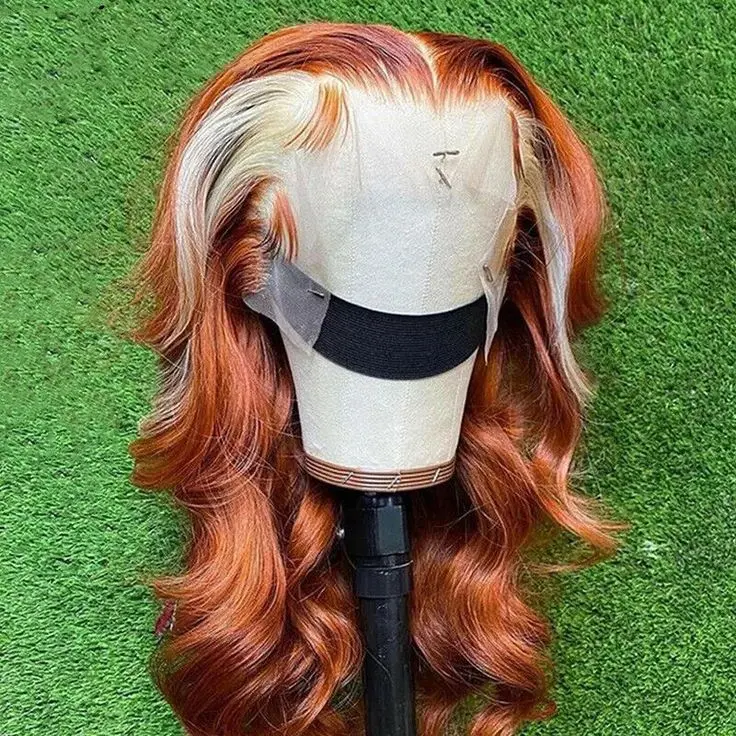 Aodbar Glueless Hair Wig - 13*4 HD Transparent Lace Frontal, Ginger Synthetic Hair with Blonde Skunk Stripe, Long Loose Wavy, Free Part, Heat Resistant Fiber, for Daily Use & Party, Glueless Hair Wigs, Hd Transparent Wigs