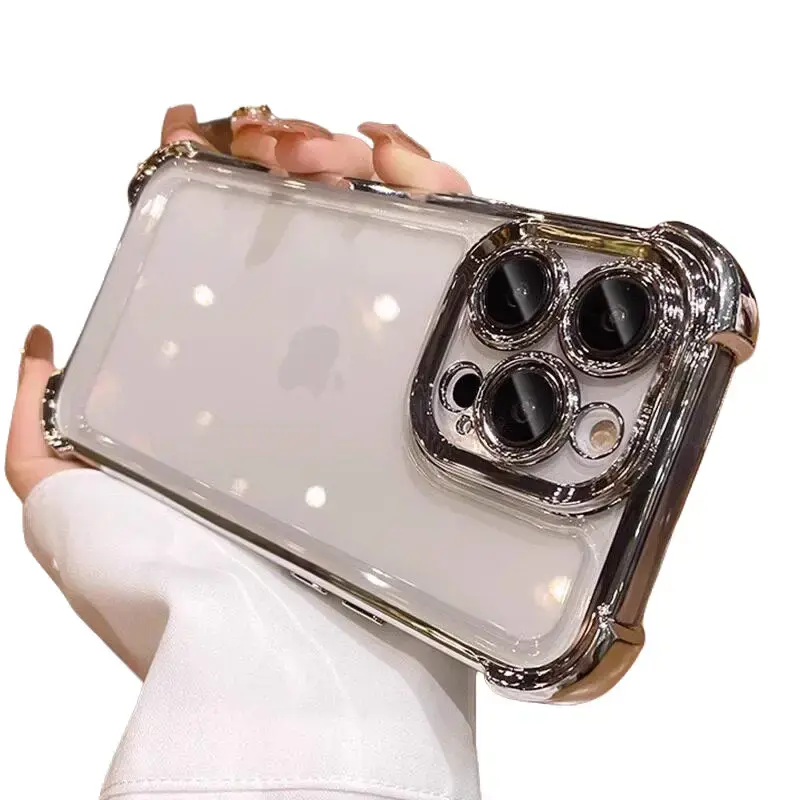 Built-in full coverage camera lens film to prevent scratches; for iPhone 17promax 17Air 16pro 15plus 14promax 13 12pro 11pro thickened 4-corner airbags absorb drop impact; shiny electroplated frame, crystal clear back to display your phone’s original look