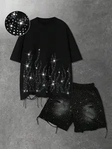 Men's Solid Color Loose Fit Casual T-Shirt Shorts Set, Rhinestone and Ripped Details, Fashion Streetwear for Summer