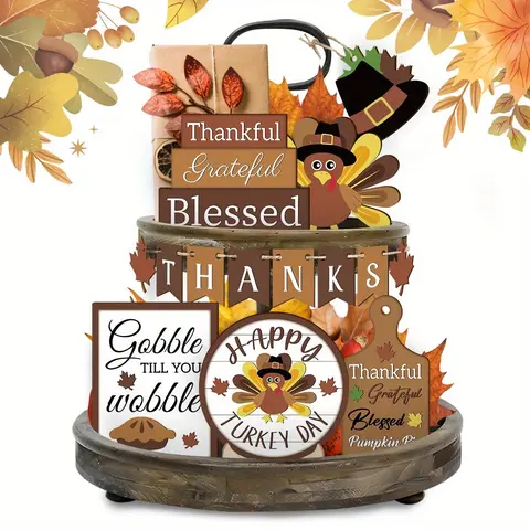 Thanksgiving Themed Wooden Tiered Tray Decor, 14pcs/set Fall Harvest Festival Decor, Desktop Decoration for Home Party, Home Decor, Ornaments