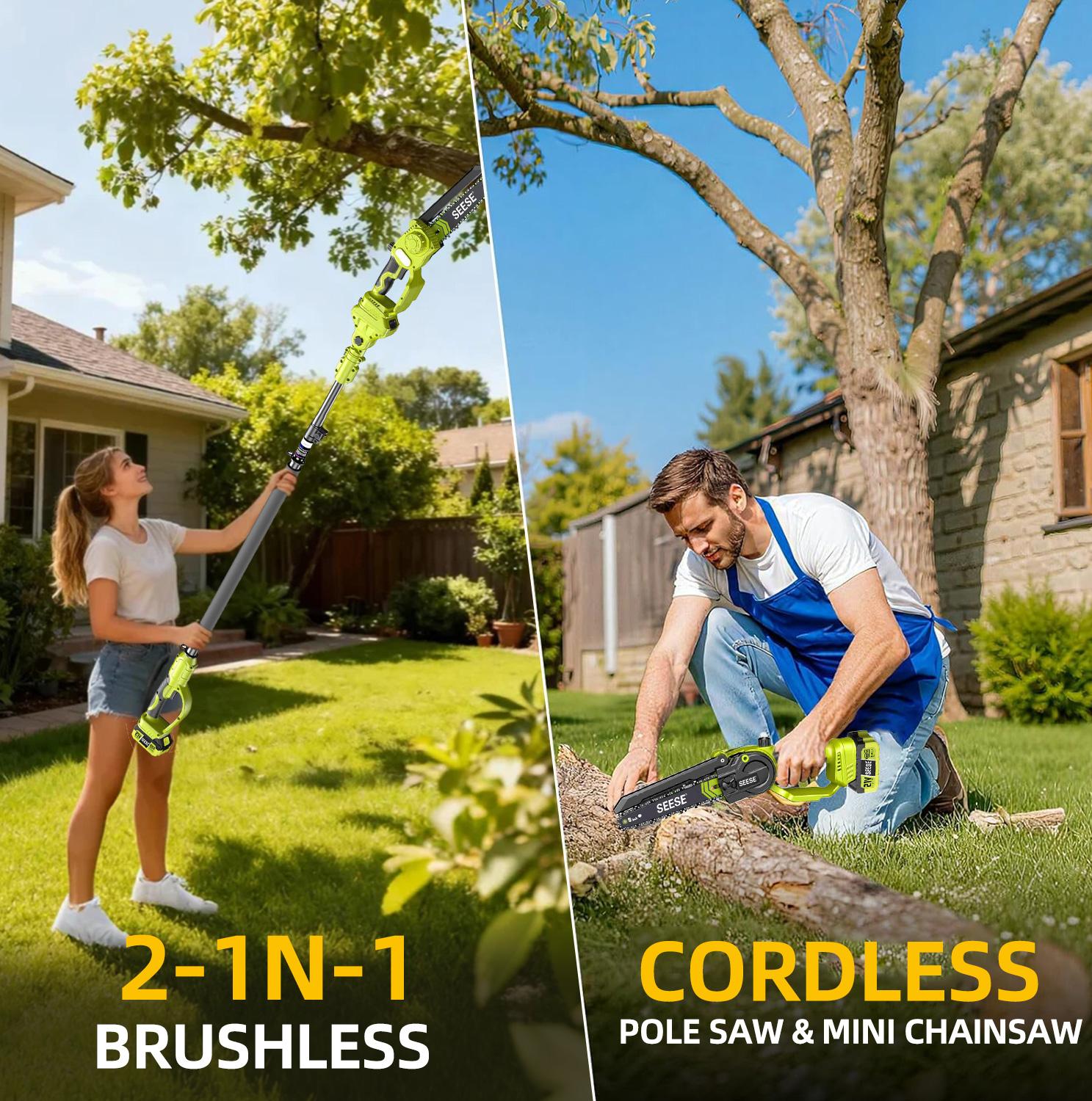 【FathersDayGift】SEESE 2 in 1 Mini Chainsaw with 2 x 21V Batteries, 8" Brushless Electric Pruner, Telescopic Pruning Saw, Working Height up to 15ft, 180&deg; Angled Head, Shoulder Strap