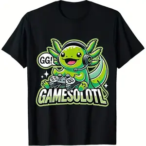 Cotton Short Sleeve, Gamesolotl Kawaii Axolotl Gamer Anime Design, Funny Cartoon Comfort Round Neck Tops Tees T-Shirts Daily Wear For Men Women