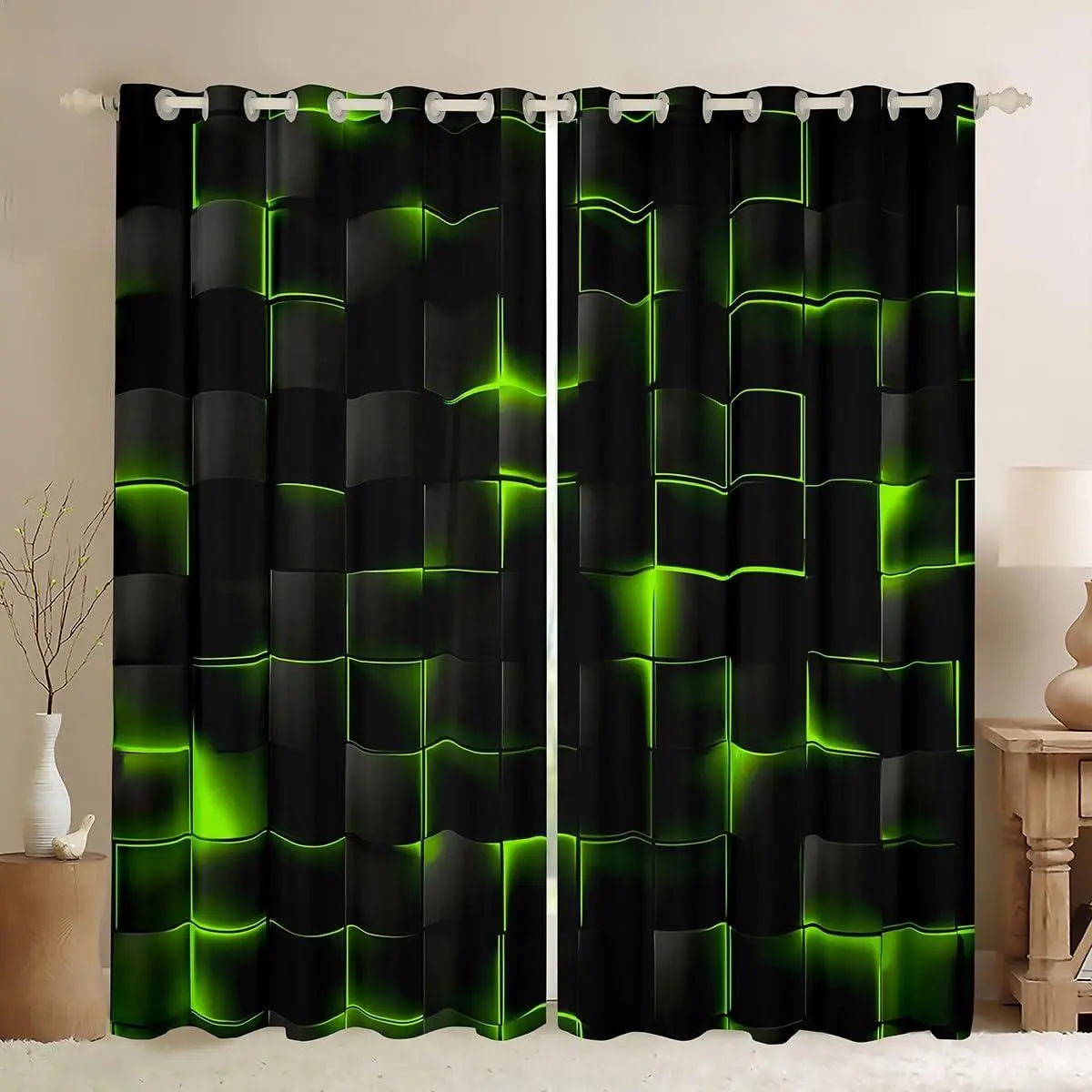 Green and Black Curtains Bedroom Living Room Light Geometric Blackout Curtains Darkening Drapes Modern Style Window Treatments