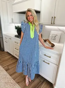 Entro Blue and White Gingham Cotton Midi Dress