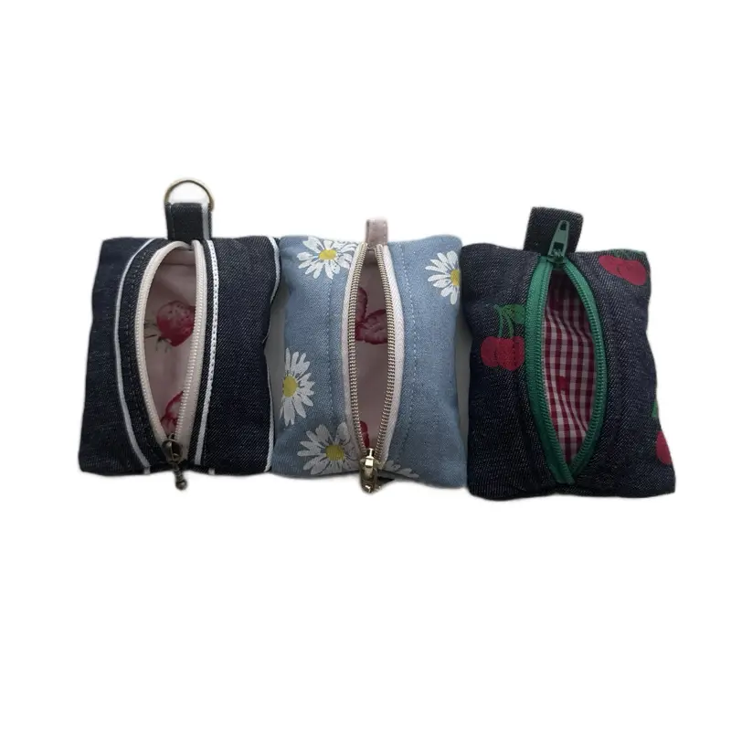 Striped Denim Fabric Keychain Wallet with Cherry Charm - Cute Casual Fashion Accessory for Earphone Users, Zipper Compact Pouch with Compartment for Keys & Everyday Use