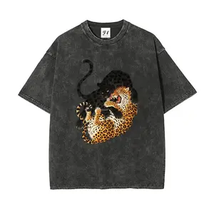 Black Panther vs Yellow Leopard Fighting Retro Washed T-Shirt – Oversize Unisex Streetwear, Fun Profession “Wildlife Brawler” Graphic, Super Soft Batik Cotton Pre-Shrunk S~5XL