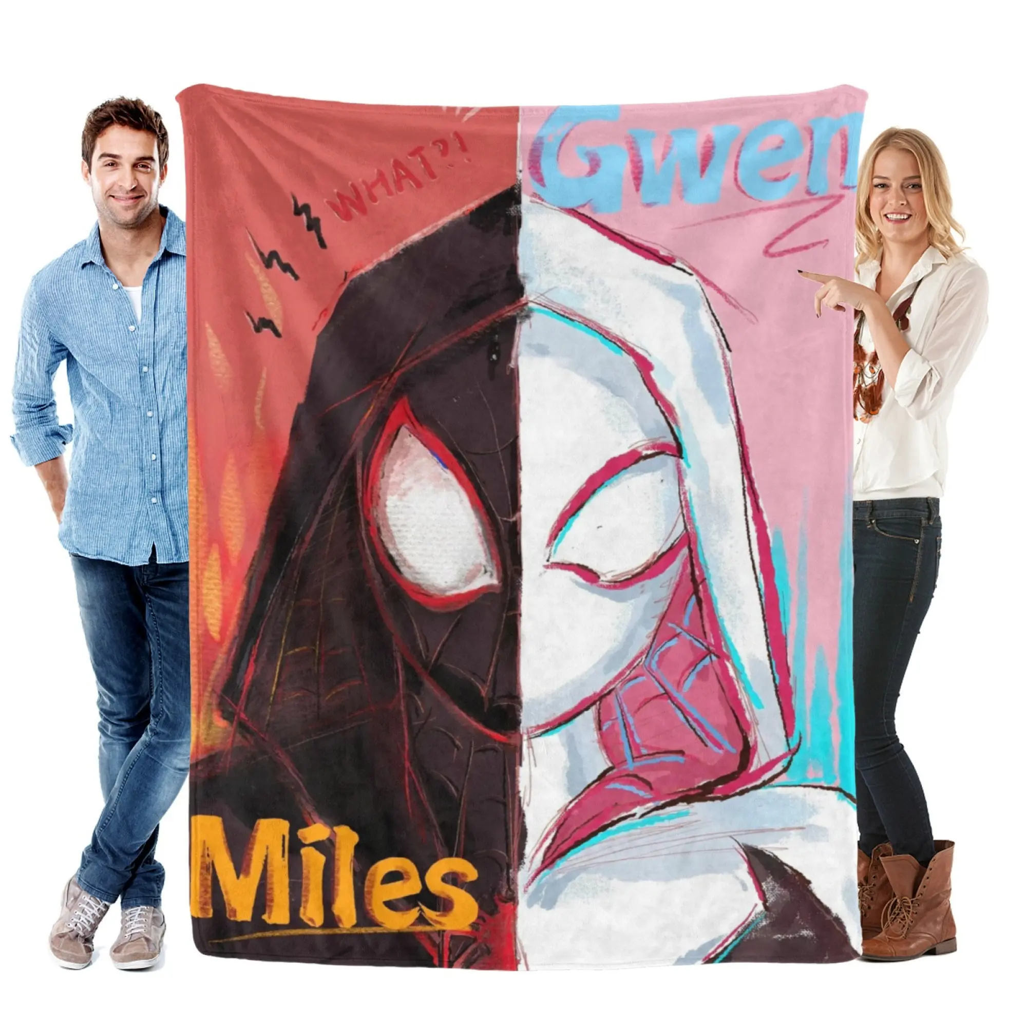 [SummerVibes] MARVEL CLASSIC Miles & Gwen Split Face Soft Flannel Blanket, 2D Sketch Print Cozy Throw for Home Bedroom Decor, Couch, Office Nap & Fans