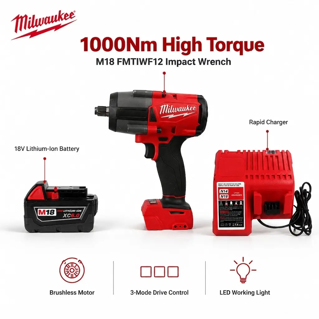 Milwaukee 1000Nm 1/2 Inch Cordless Impact Wrench with Battery M18 XC6.0 for Heavy Truck Chassis Repair, Handheld Fastening Tool Features a Friction Ring Anvil Designed for Fast Rusted Lug Nut Removal construction