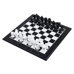 Marble Stone Chess Pieces & Board Set -Black and White - 12" - Minimalist Gift