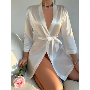 Women's Faux Silk Nightgown, Bathrobe, Sleepwear, Loungewear, Morning Robe, V-neck Cardigan, Comfortable Tie, Solid Color, Breathable